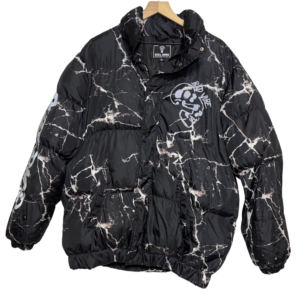 Rebel Minds Puffer Jacket Mens XL Black Excellent Marble Bad Vibe Skull Quilted